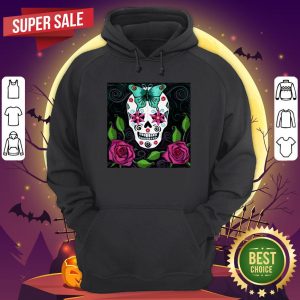 Skull With Teal Butterfly And Red Roses Day Of The Dead Hoodie