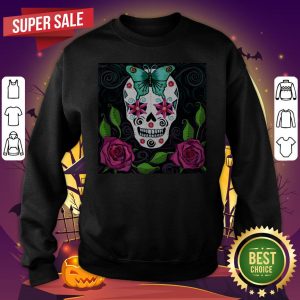 Skull With Teal Butterfly And Red Roses Day Of The Dead SweatShirt