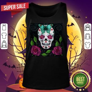 Skull With Teal Butterfly And Red Roses Day Of The Dead Tank Top
