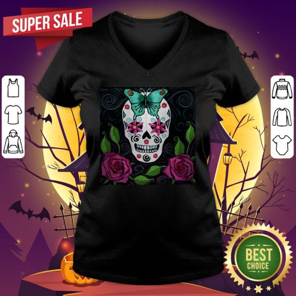 Skull With Teal Butterfly And Red Roses Day Of The Dead V-neck