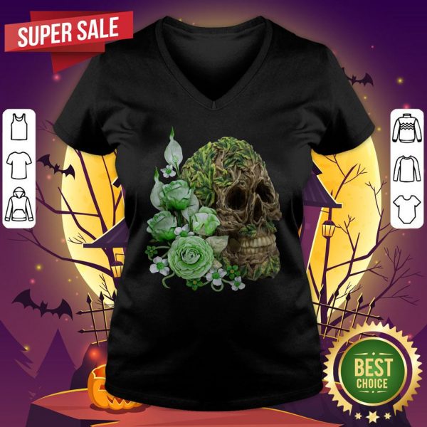 Unique Cool Tree Spirit Skull With Green Flowers Day Of The Dead V-neck