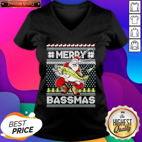 Merry Bassmas Fish Santa Ugly Christmas V-neck