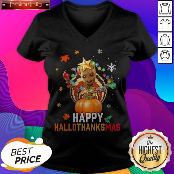 Baby Groot Halloween And Merry Christmas Happy Hallothanksmas V-neck