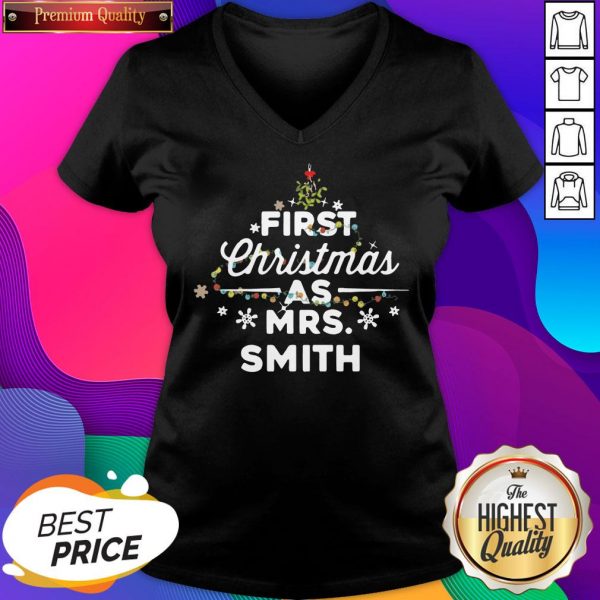 First Christmas As Mrs. Johnson Tree Light Women's V-neck T-Shirt- Design By Sheenytee.com