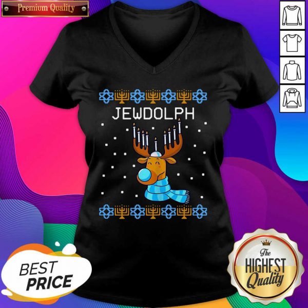 Jewdolph Ugly Hanukkah Reindeer Menorah Chanukah Ugly Christmas V-neck- Design By Sheenytee.com