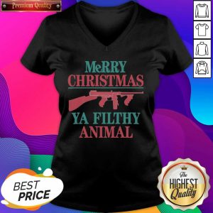 Merry Christmas Ya Filthy Animal Gun V-neck- Design By Sheenytee.com