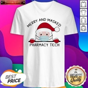 Santa Face Mask Merry And Masked Pharmacy Tech Christmas V-neck- Design By Sheenytee.com