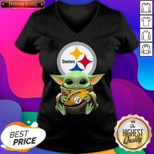 Top Baby Yoda Hugging Pittsburgh Steelers V-neck- Design By Sheenytee.com