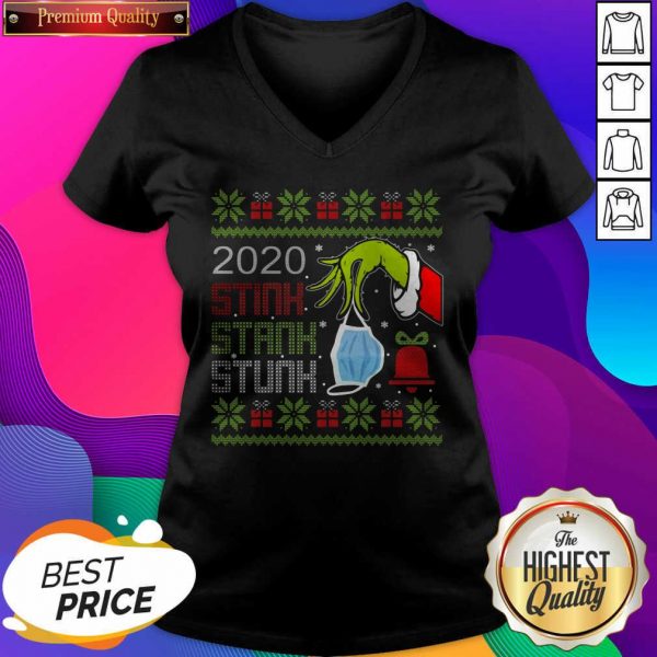 Top Hand Grinch Holding Mask 2020 Stink Stank Stunk Ugly Christmas V-neck- Design By Sheenytee.com