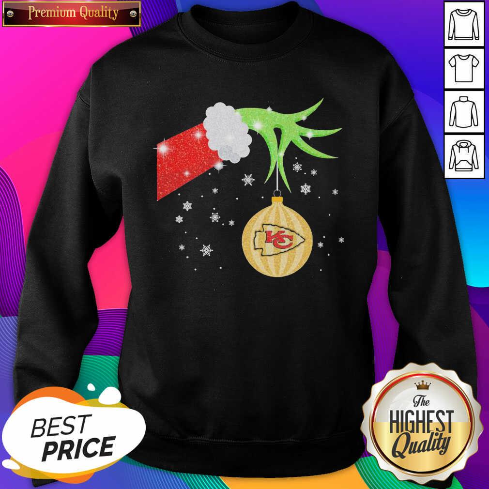 The Grinch Hand Holding Kansas City Chiefs Christmas Sweatshirt- Design By Sheenytee.com