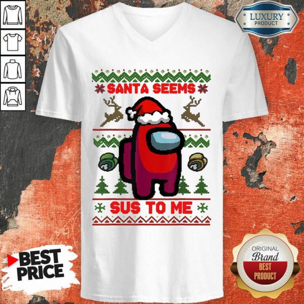 Among Us Santa Seems Sus To Me Ugly Christmas V-neck- Design By Sheenytee.com