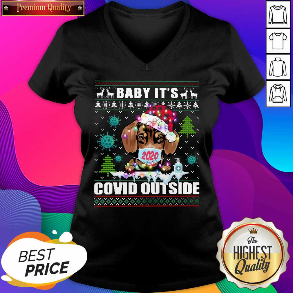 Baby It’s Covid Outside Chihuahua Wear Hat Santa With Mask Ugly Christmas V-neck- Design By Sheenytee.com