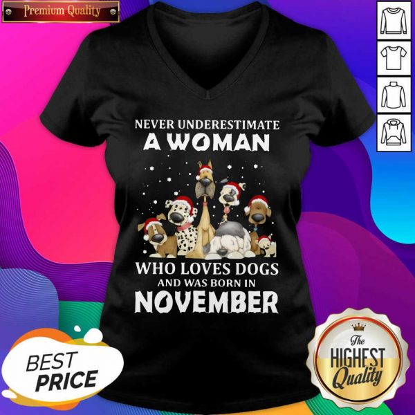 Never Underestimate A Woman Who Loves Dogs And Was Born In August Christmas V-neck- Design By Sheenytee.com