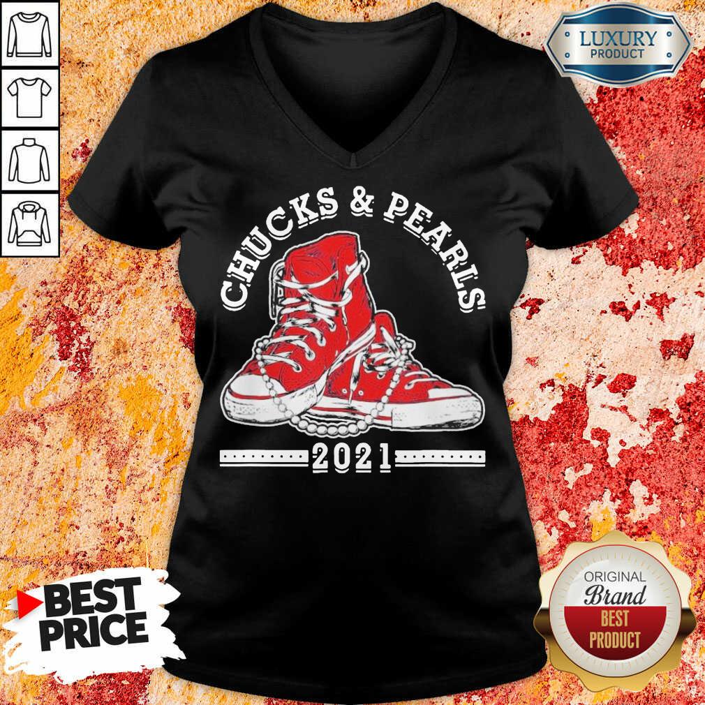 Angry Kamala Harris Chucks And Pearls 2021 Red Converse V-neck - Design by Sheenytee.com