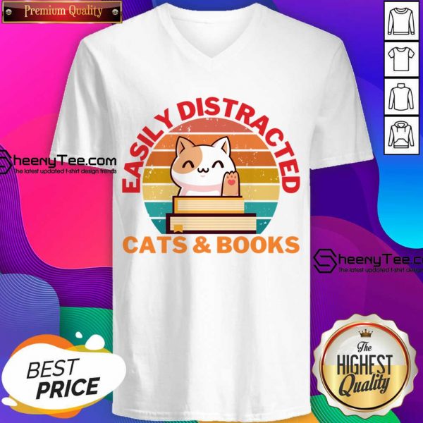 Easily Distracted Cats And Books Vintage V-neck